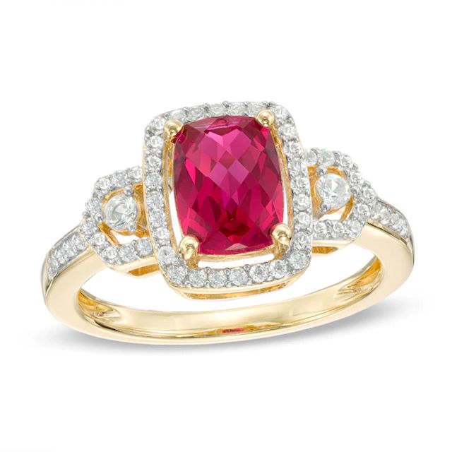 Cushion-Cut Lab-Created Ruby and White Sapphire Frame Vintage-Style Ring in 10K Gold