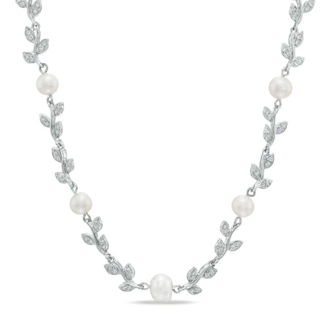 6.0-7.5mm Freshwater Cultured Pearl and Lab-Created White Sapphire Floral Necklace in Sterling Silver-18.5"