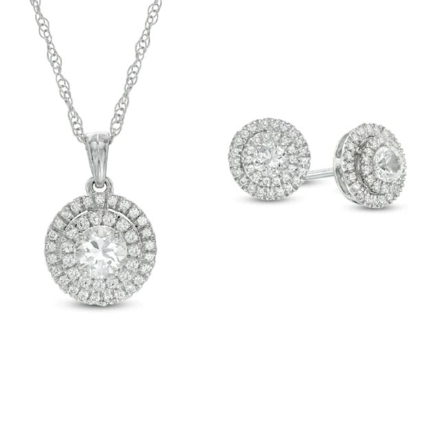 5.0mm Lab-Created White Sapphire Frame Pendant and Earrings Set in Sterling Silver