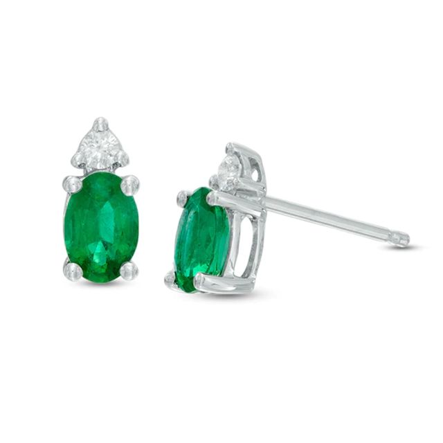 Oval Emerald and Diamond Accent Stud Earrings in 10K White Gold