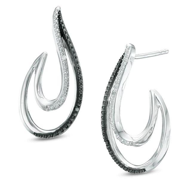 Enhanced Black and White Diamond Accent Flame J-Hoop Earrings in Sterling Silver
