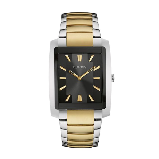 Men's Bulova Two-Tone Watch with Rectangular Black Dial (Model: 98A149)