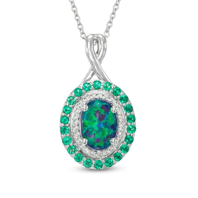 Oval Simulated Blue-Green Opal, Lab-Created Emerald and White Sapphire Frame Pendant in Sterling Silver