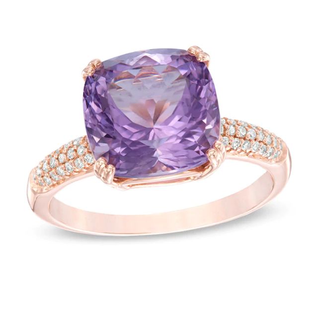 10.0mm Cushion-Cut Rose de France Amethyst and White Topaz Ring in 10K Rose Gold