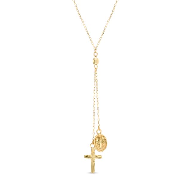 Cross and Our Lady of Guadalupe Medal Lariat Necklace in 14K Gold - 17"
