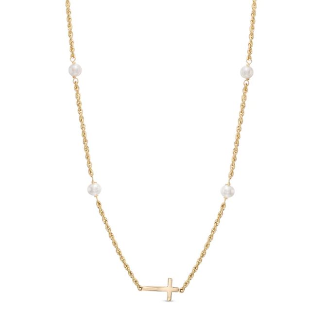 5.0mm Simulated Pearl and Sideways Cross Necklace in 10K Gold