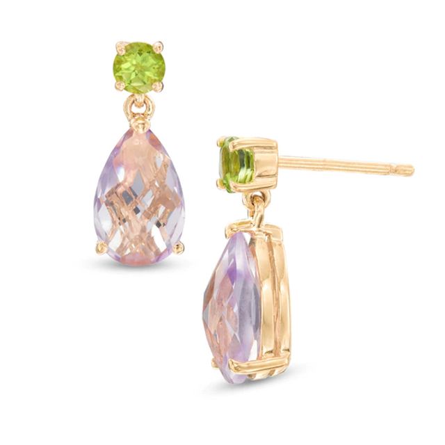Pear-Shaped Rose de France Amethyst and Peridot Drop Earrings in Sterling Silver with 14K Gold Plate