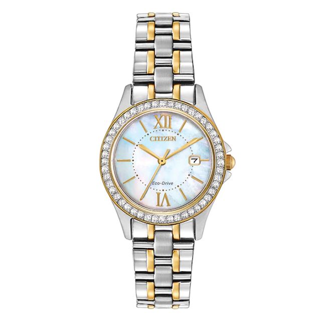 Ladies' Citizen Eco-DriveÂ® Crystal Accent Two-Tone Watch with Mother-of-Pearl Dial (Model: Ew1844-50D)