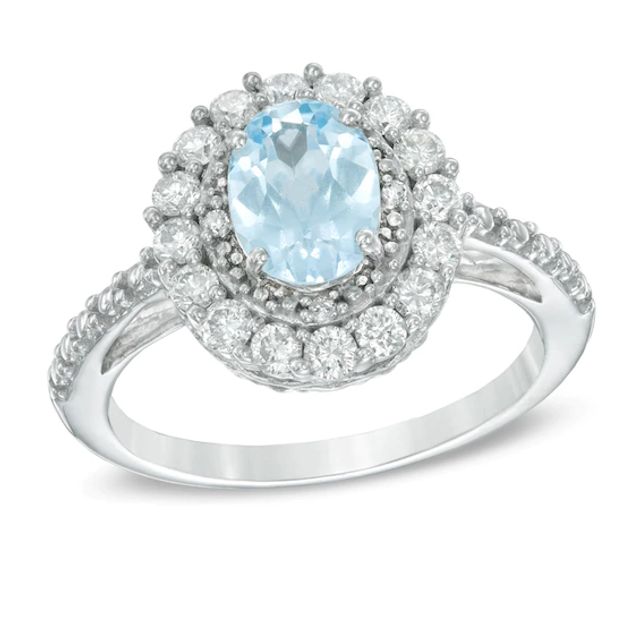 Oval Blue Topaz, Lab-Created White Sapphire and Diamond Accent Double Frame Ring in Sterling Silver