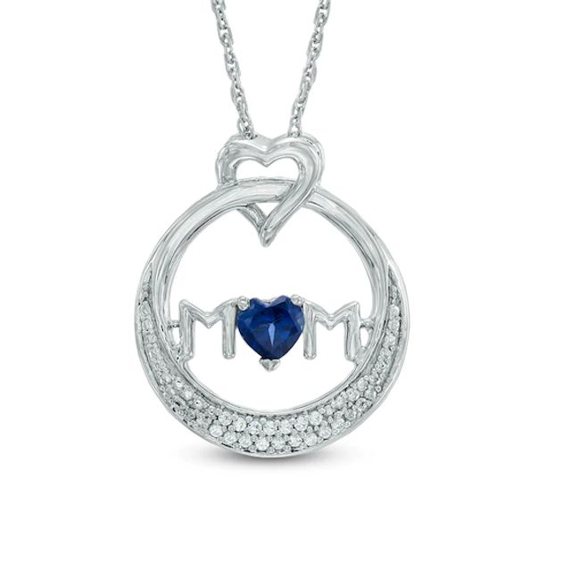 4.0mm Heart-Shaped Lab-Created Blue Sapphire and 1/20 CT. T.w. Diamond Mom Circle Pendant in Sterling Silver