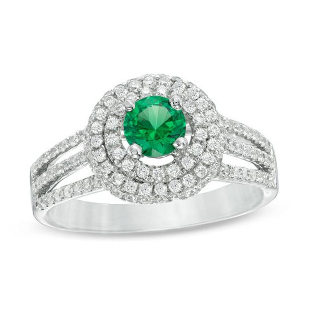 5.0mm Lab-Created Emerald and White Sapphire Double Frame Ring in Sterling Silver