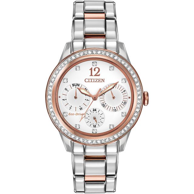 Ladies' Citizen Eco-DriveÂ® Silhouette Crystal Chronograph Two-Tone Watch with White Dial (Model: Fd2016-51A)