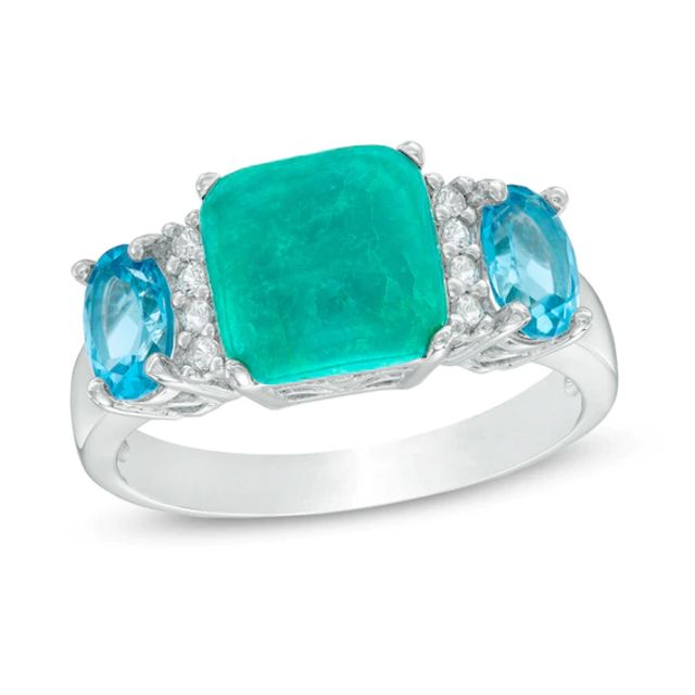 8.0mm Square Turquoise, Swiss Blue Topaz and Lab-Created White Sapphire Ring in Sterling Silver