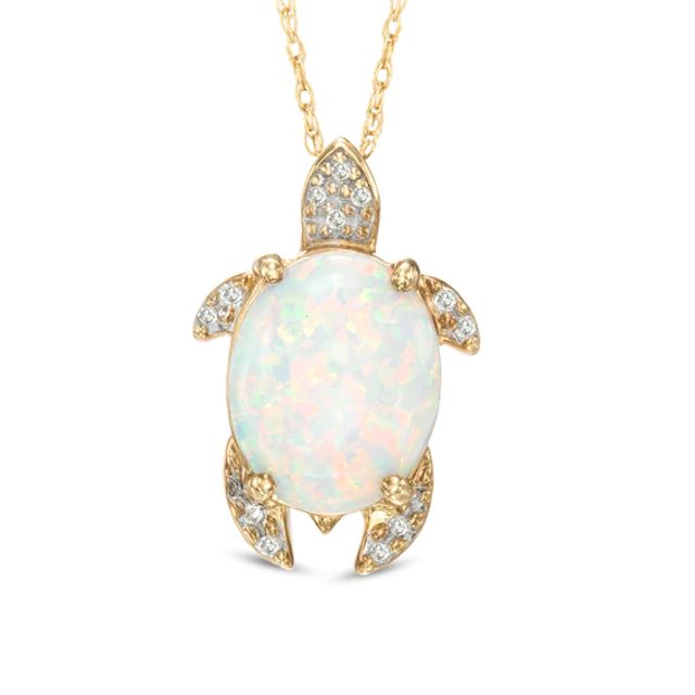 Oval Lab-Created Opal and Diamond Accent Turtle Pendant in Sterling Silver with 14K Gold Plate