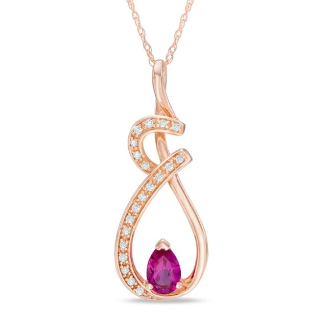 Pear-Shaped Lab-Created Ruby and Diamond Accent Twist Pendant in 10K Rose Gold