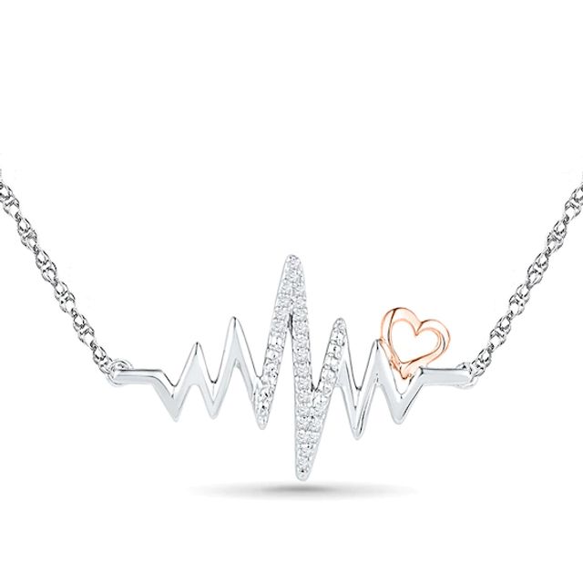 1/15 CT. T.w. Diamond Heartbeat with Heart Necklace in Sterling Silver and 10K Rose Gold