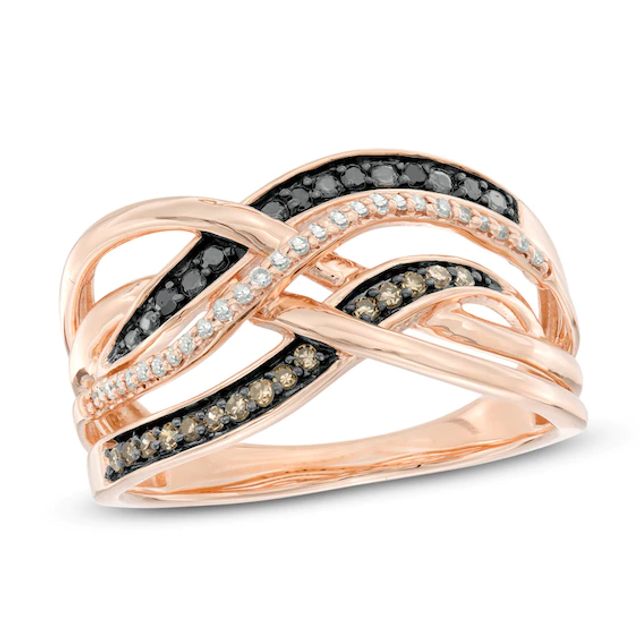 1/5 CT. T.w. Enhanced Black, Champagne and White Diamond Layered Crossover Ring in 10K Rose Gold