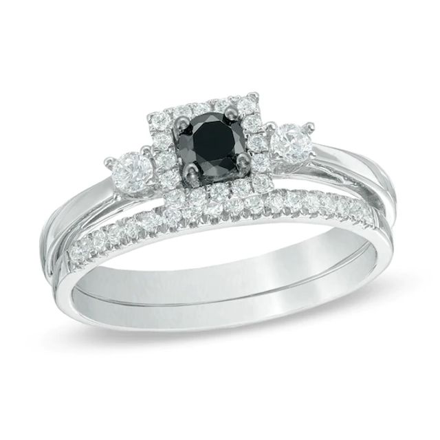 1/2 CT. T.w. Enhanced Black and White Diamond Three Stone Bridal Set in 10K White Gold