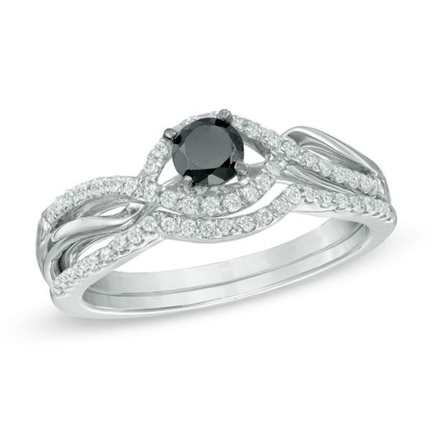 1/2 CT. T.w. Enhanced Black and White Diamond Bypass Bridal Set in Sterling Silver