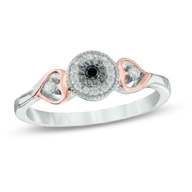 1/8 CT. T.w. Enhanced Black and White Diamond Heart Sides Promise Ring in Sterling Silver and 10K Rose Gold