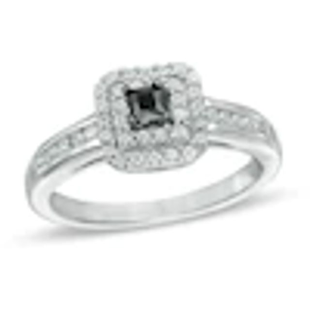 1/2 CT. T.w. Enhanced Black and White Diamond Double Square Frame Engagement Ring in Sterling Silver