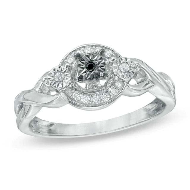 1/10 CT. T.w. Enhanced Black and White Diamond Three Stone Braid Promise Ring in 10K White Gold