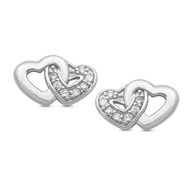 Lab-Created White Sapphire Double Heart Stud Earrings in Sterling Silver