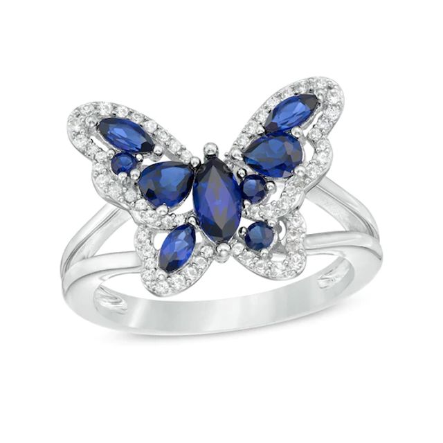 Multi-Shaped Lab-Created Blue and White Sapphire Butterfly Ring in Sterling Silver