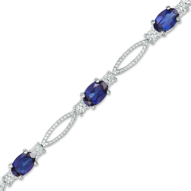 Oval Lab-Created Blue Sapphire and Diamond Accent Bracelet in Sterling Silver - 7.25"