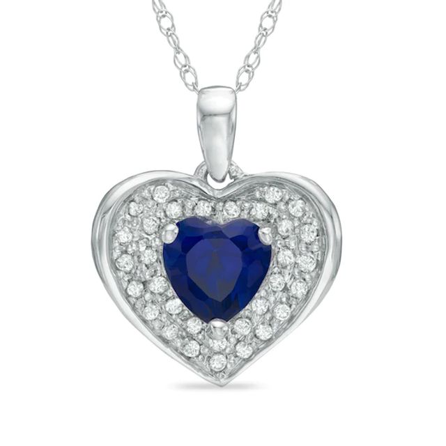 6.0mm Heart-Shaped Lab-Created Blue Sapphire and 1/8 CT. T.w. Diamond Frame Heart Pendant in 10K White Gold