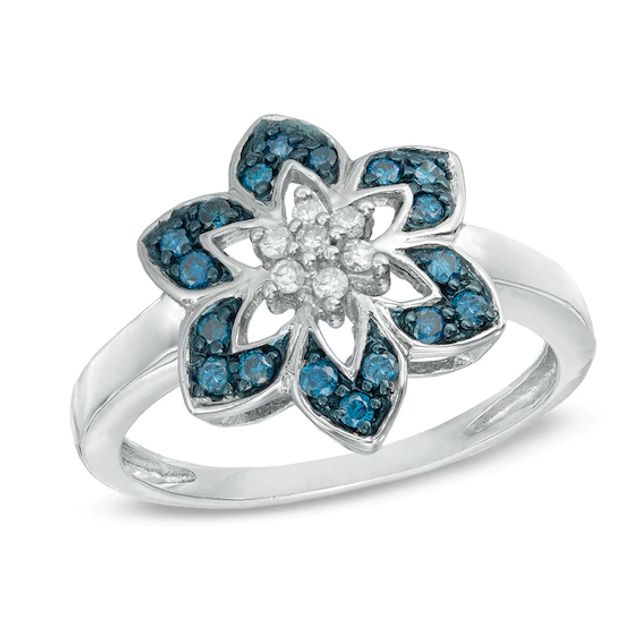 1/4 CT. T.w. Enhanced Blue and White Diamond Flower Ring in Sterling Silver - Size 7