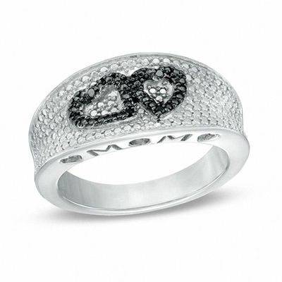 Enhanced Black and White Diamond Accent Beaded Hearts Mom Ring in Sterling Silver