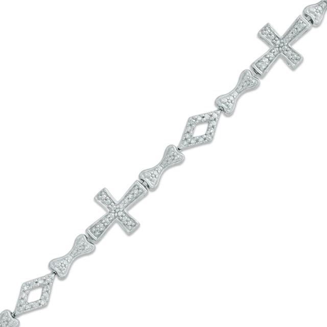 Diamond Accent Cross Bracelet With Vertical Mom Charm in Sterling Silver - 7.25"