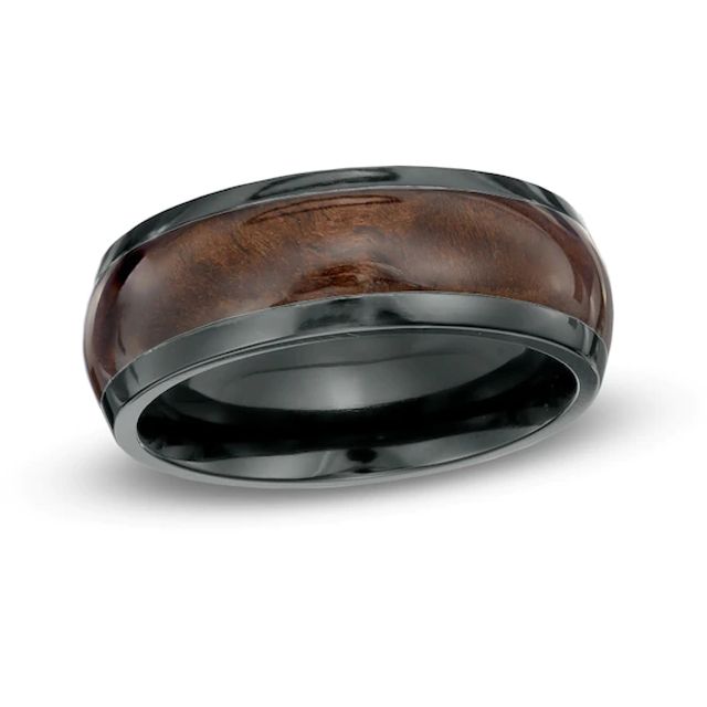 Men's 8.0mm Black Zirconium Faux Wood Inlay Ring