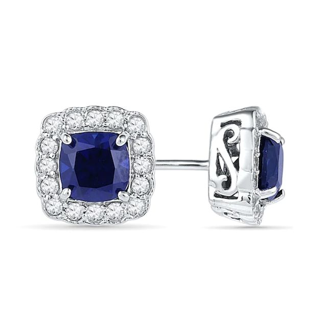 6.5mm Cushion-Cut Lab-Created Blue and White Sapphire Frame Stud Earrings in Sterling Silver