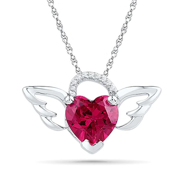 8.0mm Heart-Shaped Lab-Created Ruby and Diamond Accent Wings Pendant in Sterling Silver