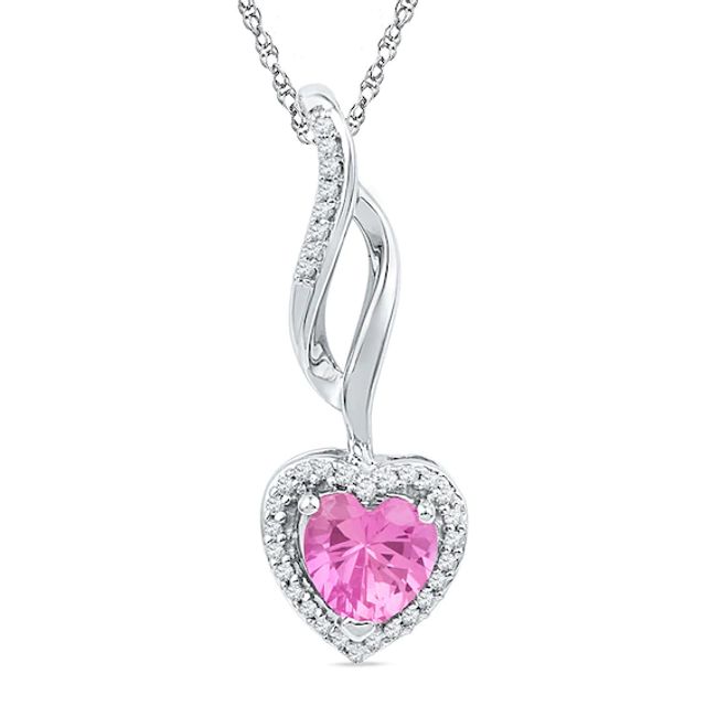 6.0mm Heart-Shaped Lab-Created Pink Sapphire and 1/10 CT. T.w. Diamond Swirl Pendant in Sterling Silver