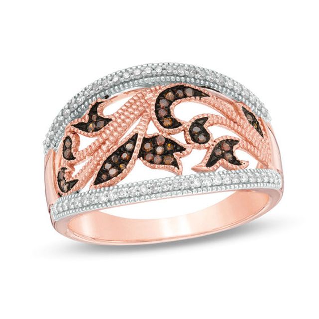 1/4 CT. T.w. Enhanced Cognac and White Diamond Vintage-Style Scroll Ring in 10K Rose Gold