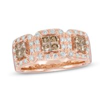 1 CT. T.w. Quad Princess-Cut Champagne and White Diamond Cluster Frame Three Stone Ring in 10K Rose Gold