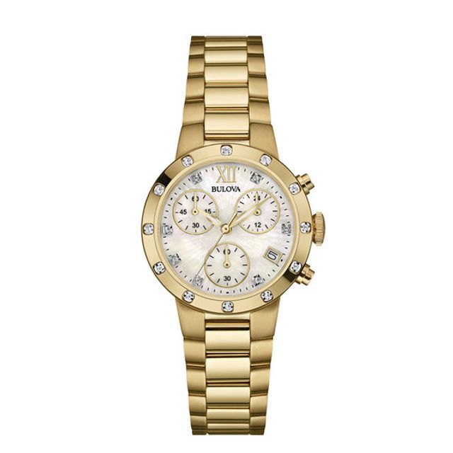Ladies' Bulova Chronograph Diamond Accent Gold-Tone Watch with Mother-of-Pearl Dial (Model: 98R216)