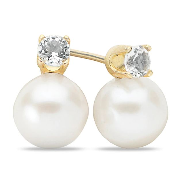 7.0 - 7.5mm Cultured Freshwater Pearl and White Topaz Stud Earrings in 10K Gold