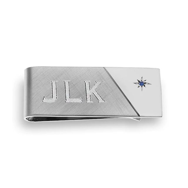 Men's Blue Sapphire Starburst Florentine Money Clip in Sterling Silver (3 Characters)