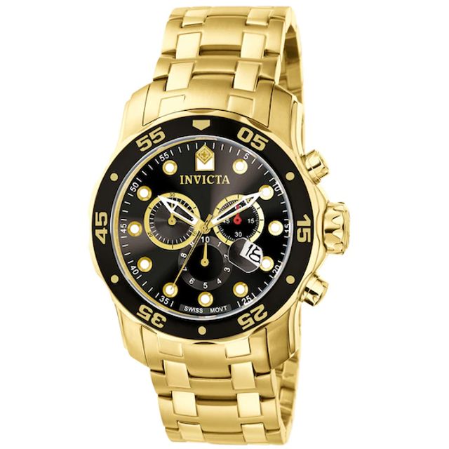 Men's Invicta Pro Diver Gold-Tone Chronograph Watch with Black Dial (Model: 0072)