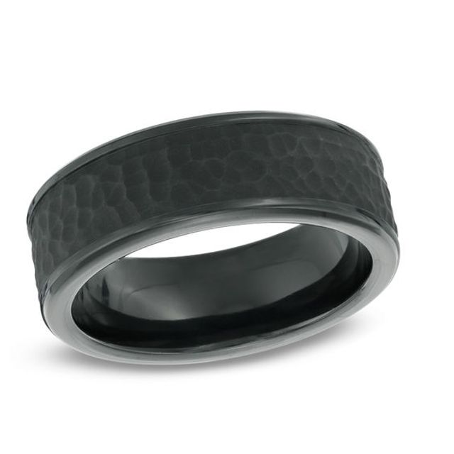 Men's 8.0mm Hammered Inlay Comfort Fit Black Titanium Wedding Band - Size 10