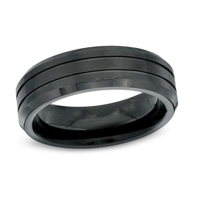 Men's 7.0mm Double Groove Black Cobalt Wedding Band - Size 10