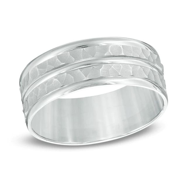 Men's 8.0mm Hammered Double Inlay Comfort Fit Wedding Band in 10K White Gold