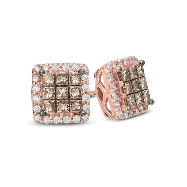 1/3 CT. T.w. Champagne and White Princess-Cut Quad Diamond Frame Stud Earrings in 10K Rose Gold