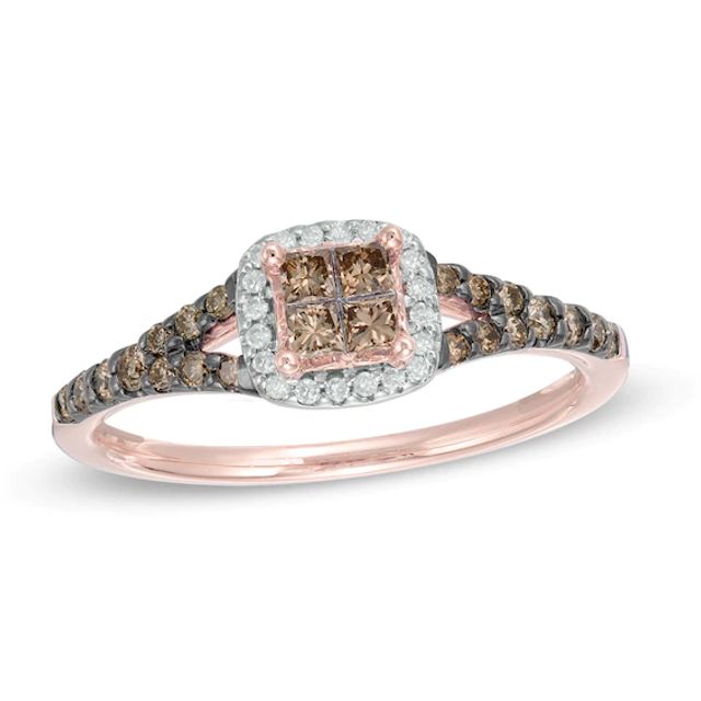 1/2 CT. T.w. Champagne and White Quad Princess-Cut Diamond Frame Split Shank Ring in 10K Rose Gold