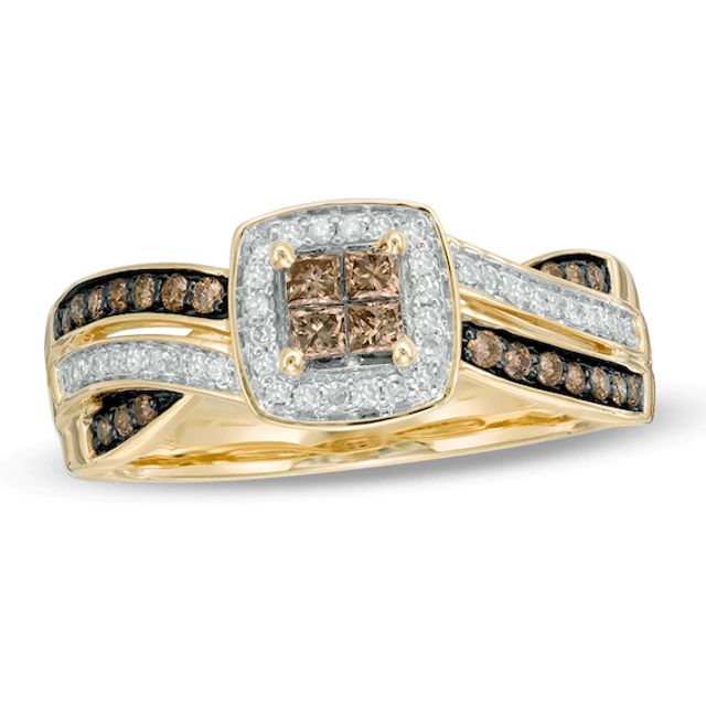3/8 CT. T.w. Champagne and White Quad Princess-Cut Diamond Frame Crossover Ring in 10K Gold