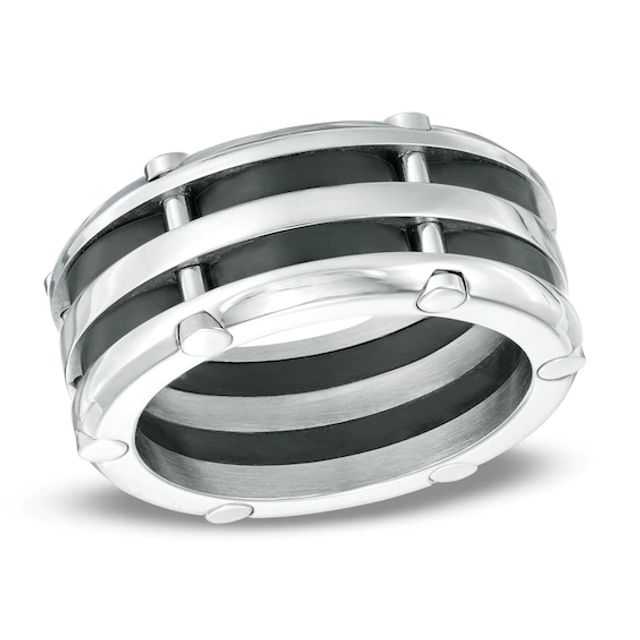 Men's 10.0mm Comfort Fit Riveted Stainless Steel and Black IP Wedding Band - Size 10